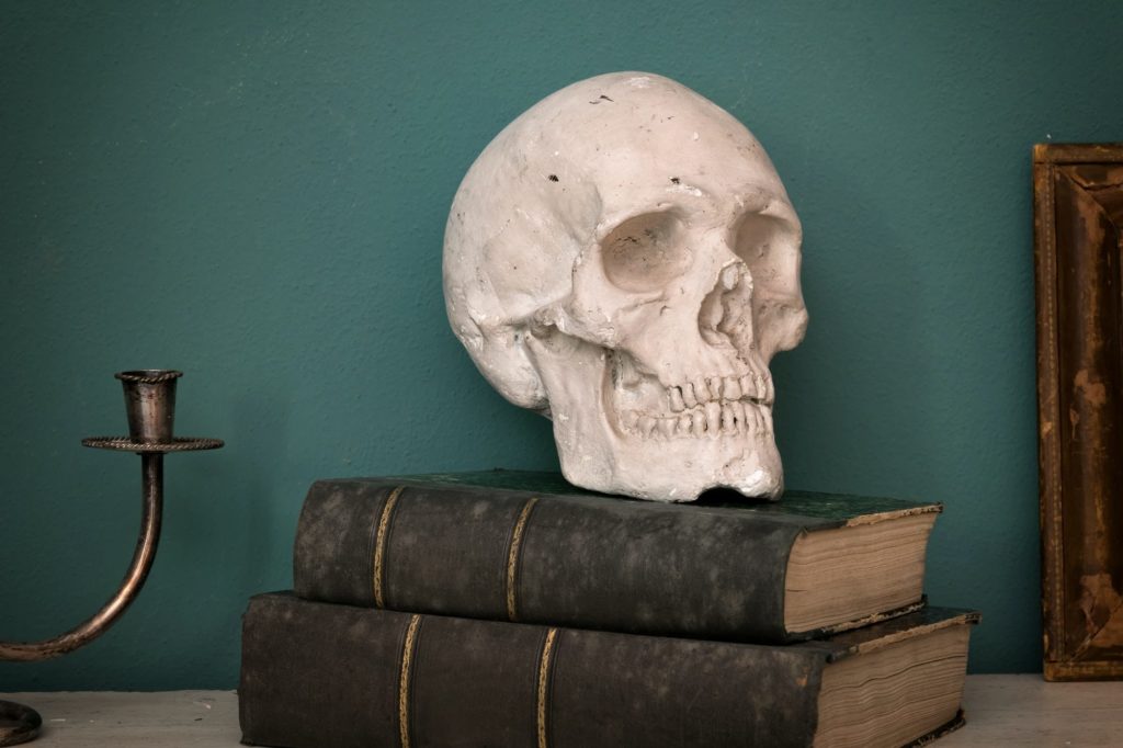 Replica of a human skull on vintage books