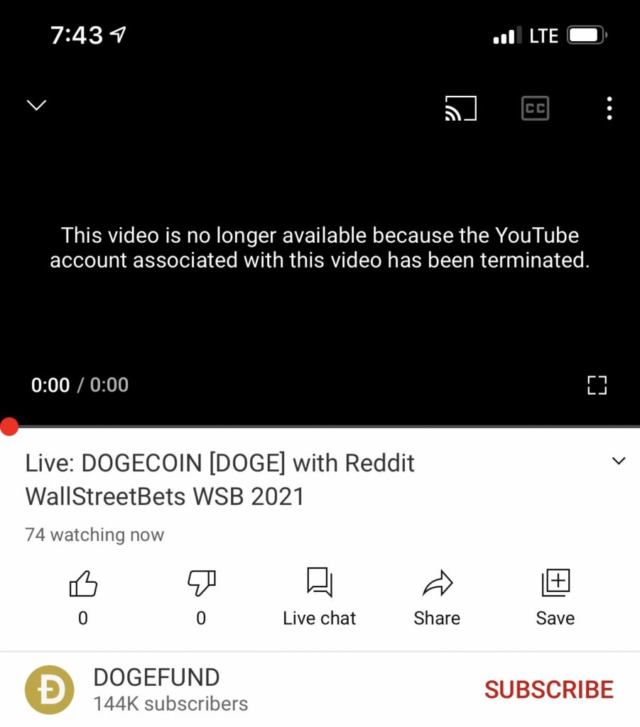 DogeFund YouTube channel banned