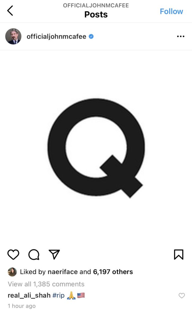 OfficialJohnMcAfee Q Instagram post, now banned.