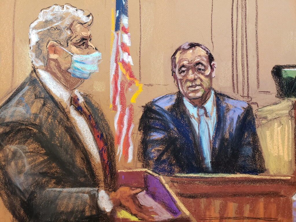 Kevin Spacey is cross examined by Richard Steigman during Anthony Rapp's civil sex abuse case against Spacey in this courtroom sketch from the trial in New York, U.S., October 18, 2022 as U.S. District Judge Lewis Kaplan presides. REUTERS/Jane Rosenberg