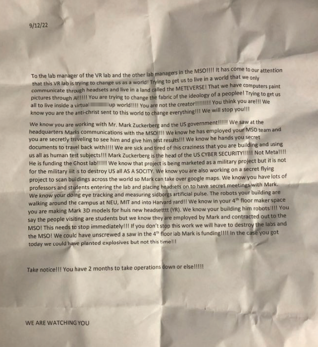Northwestern University VR lab "terrorist letter."
