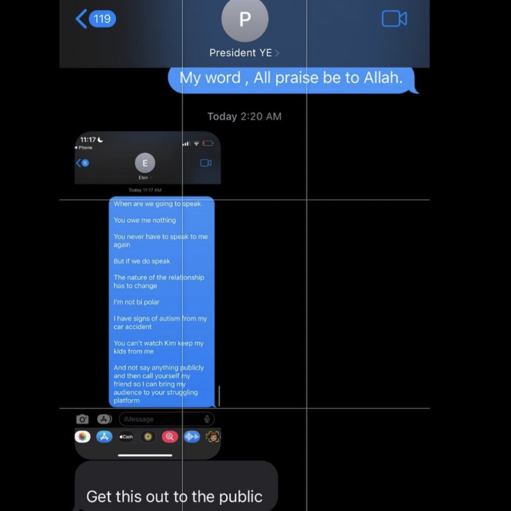 Kanye West leaked texts to Elon Musk