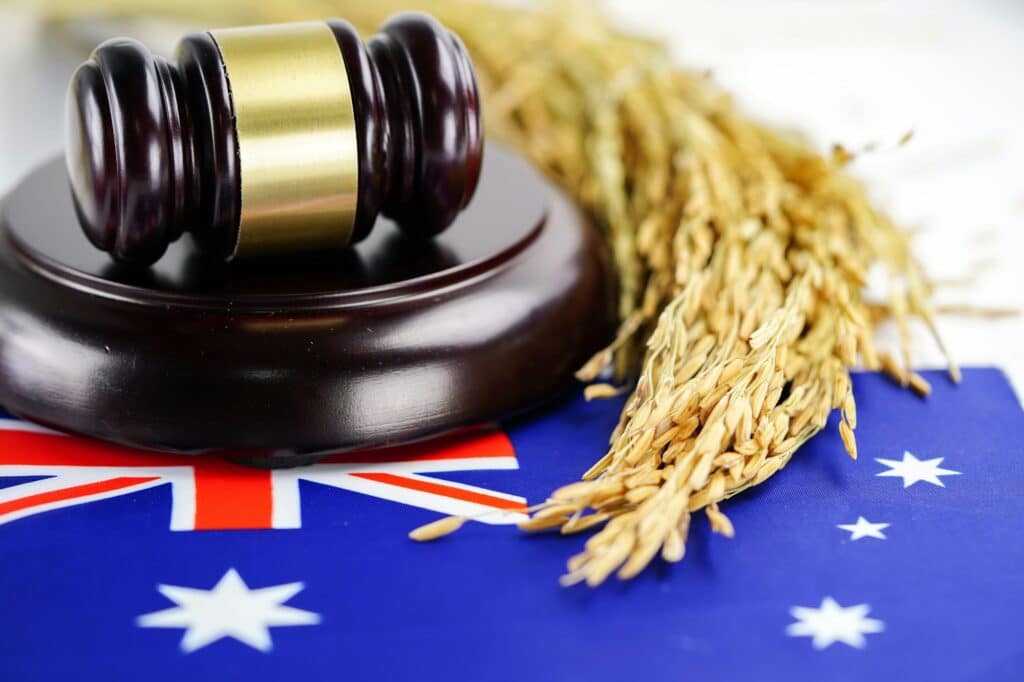 Australia flag and Judge hammer with gold grain