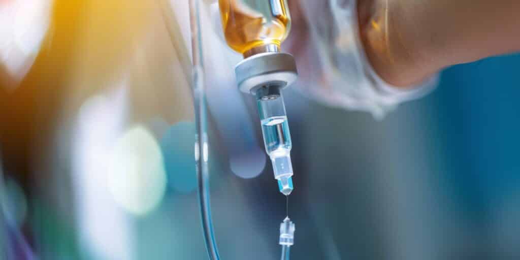 Close-up of an IV drip attached to a patient's arm. --ar 2:1 Job ID: 2fb7bcaf-fdb6-4b56-ac16-98b4e781798a