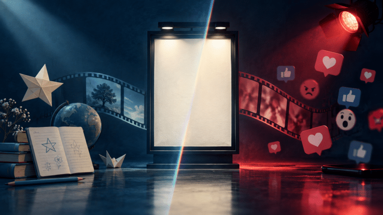 Editorial illustration contrasting a film poster with social media marketing pressure