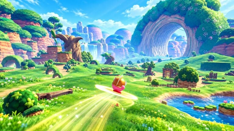 Kirby racing through the bright green World Beyond landscape toward a giant circular gateway