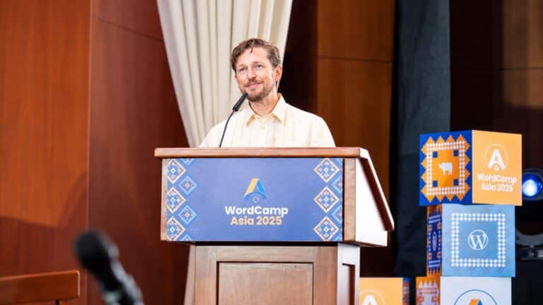 Matt Mullenweg speaks at the WordCamp Asia 2025 podium